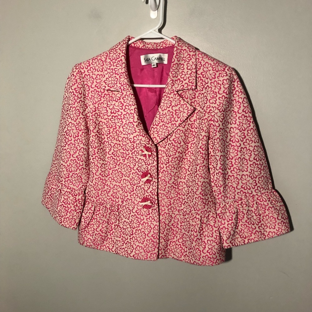 Sara Campbell blazer vibrant pink white floral pattern ruffled peplum hem 6